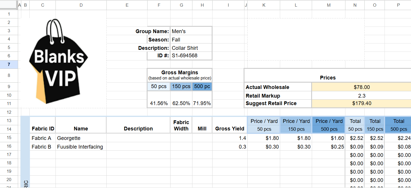 Tech Pack Cost Sheet Template