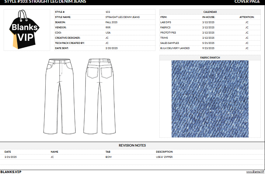 Jeans Tech Pack Template