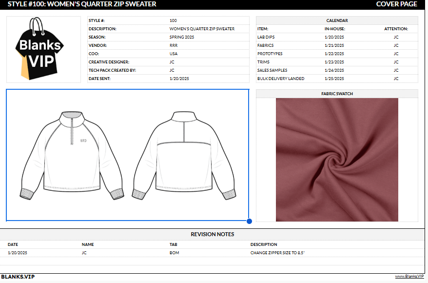 Quarter Zip Sweater Tech Pack Template